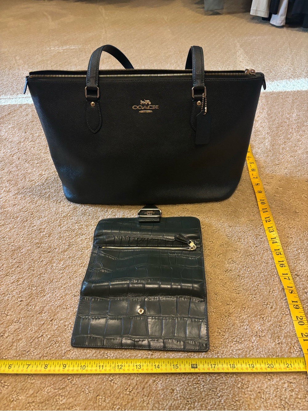 Coach Drk Green Leather Tote with Drk grn matching Croc-Embossed Wallet. Fall!